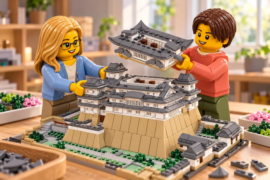 Dans une construction imaginaire, une adulte en cardigan bleu pâle, chemise ivoire et pantalon taupe stabilise le bas blanc du château avec ses deux mains en C ; un adolescent en pull corail à col crème et pantalon olive tient un module supérieur blanc à toits gris foncé courbes et auvents stylisés au-dessus du donjon ouvert, dont l’intérieur brun est visible, avec des bacs de pièces vertes et roses à côté.