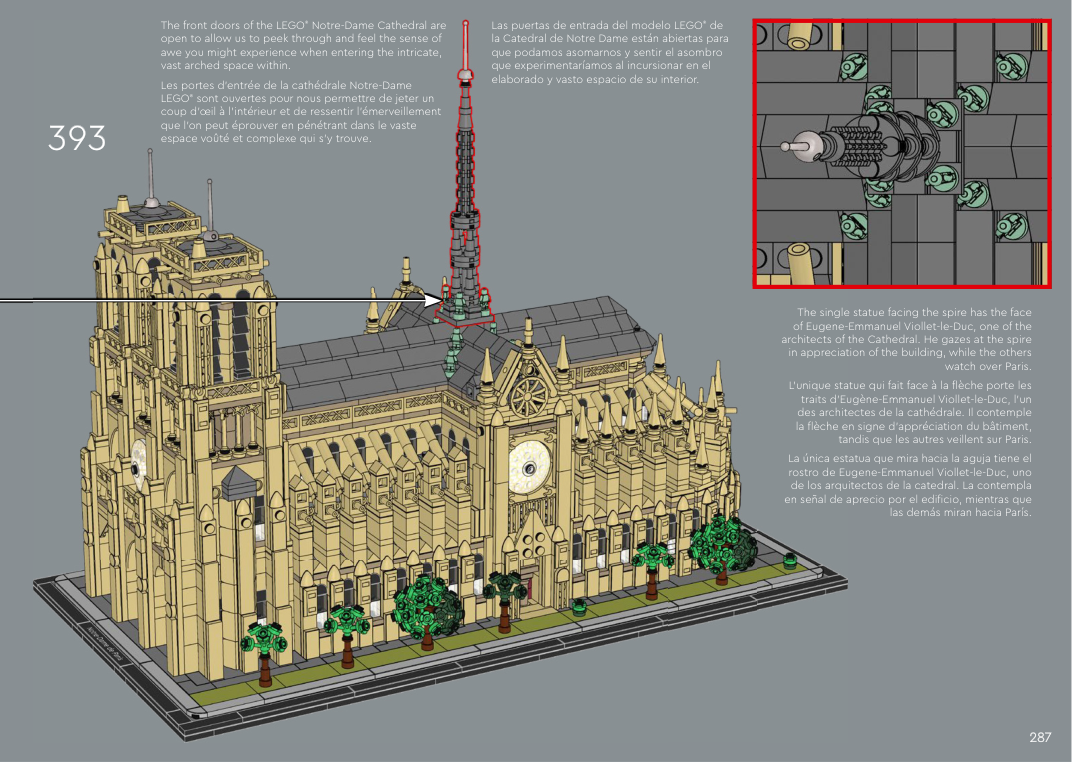 Notice LEGO 6634577 page 287, étape 393 : cathédrale complète vue en trois quarts, flèche posée au centre des toitures et encart supérieur montrant l’orientation des statuettes vertes autour de sa base.