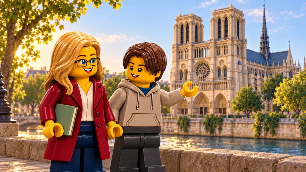 Lors d’une visite imaginaire près de la Seine, une adulte en manteau rouge profond, blouse ivoire et pantalon bleu marine tient un carnet sauge fermé ; un adolescent en sweat à capuche taupe clair, col bleu et pantalon anthracite lève une main en C vers la cathédrale, dont les deux tours, la rosace et la flèche apparaissent derrière les arbres.