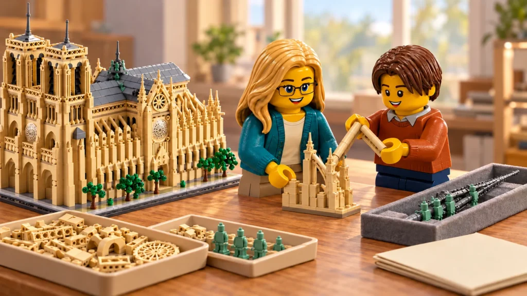 Dans une construction imaginaire, une adulte en cardigan bleu-vert, chemise crème et pantalon taupe stabilise un petit assemblage beige séparé près de la cathédrale à gauche ; un adolescent en pull orange brûlé à col gris clair et pantalon marine tient au-dessus deux tubes beiges formant un V. La flèche gris foncé repose horizontalement dans un plateau rembourré gris à droite, près d’un livre crème fermé et de bacs de pièces beiges et de petites statuettes humaines vertes stylisées.