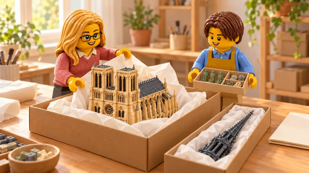 Lors d’un don imaginaire, une adulte en pull rose poudré à col crème et pantalon anthracite replie du papier autour de la cathédrale beige sans sa flèche centrale, dans une boîte. Un adolescent en chemise bleue, tablier moutarde et pantalon beige tient un bac de petites statuettes vertes lisses à silhouette humaine et de pièces. La flèche repose horizontalement, protégée dans une boîte longue à droite, avec un livret crème fermé à côté.