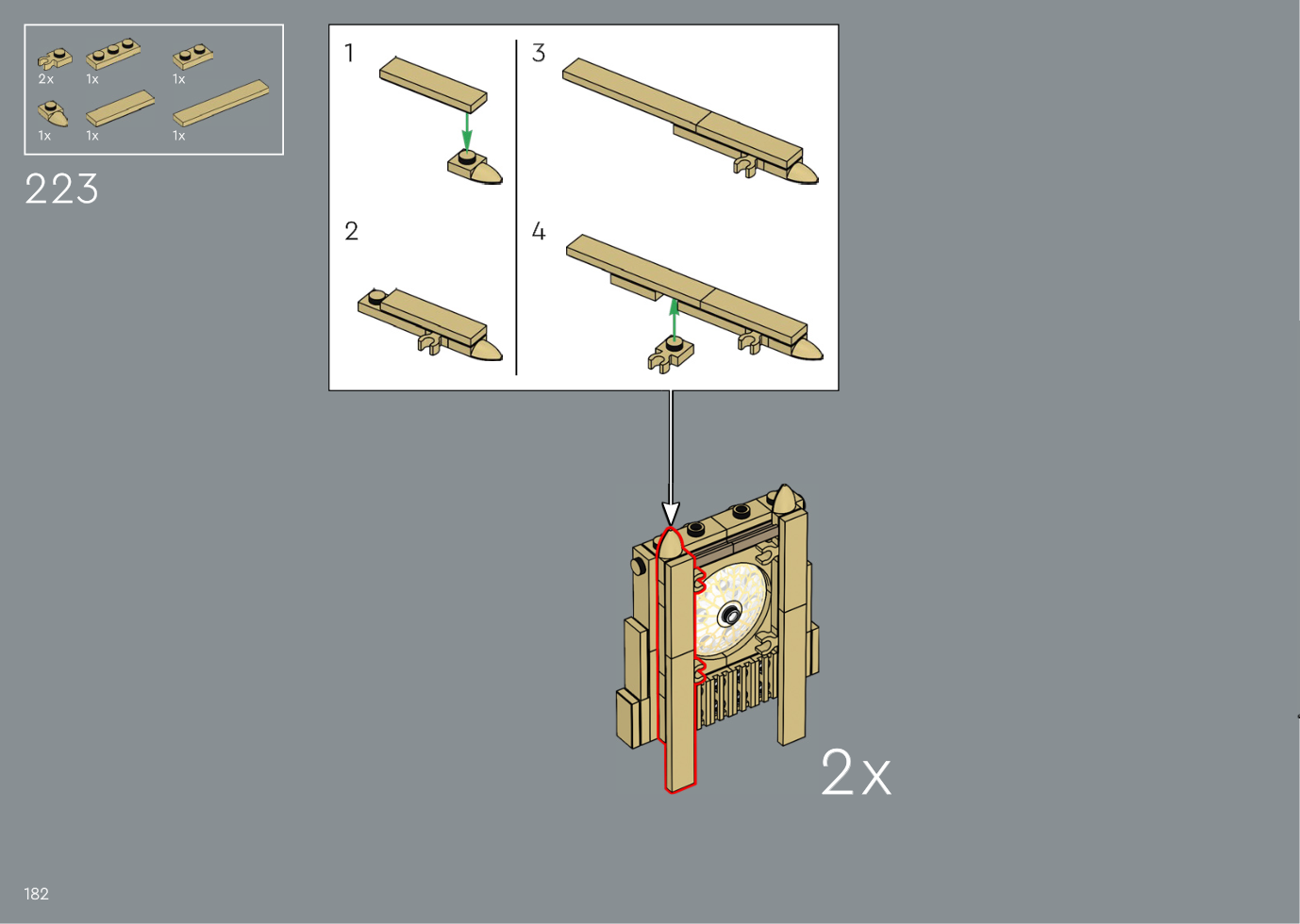 Notice LEGO 6634577 page 182, étape 223 : petit assemblage beige détaillé en quatre gestes, puis fixation sur le bord d’un panneau à rosace imprimée, avec indication ×2.