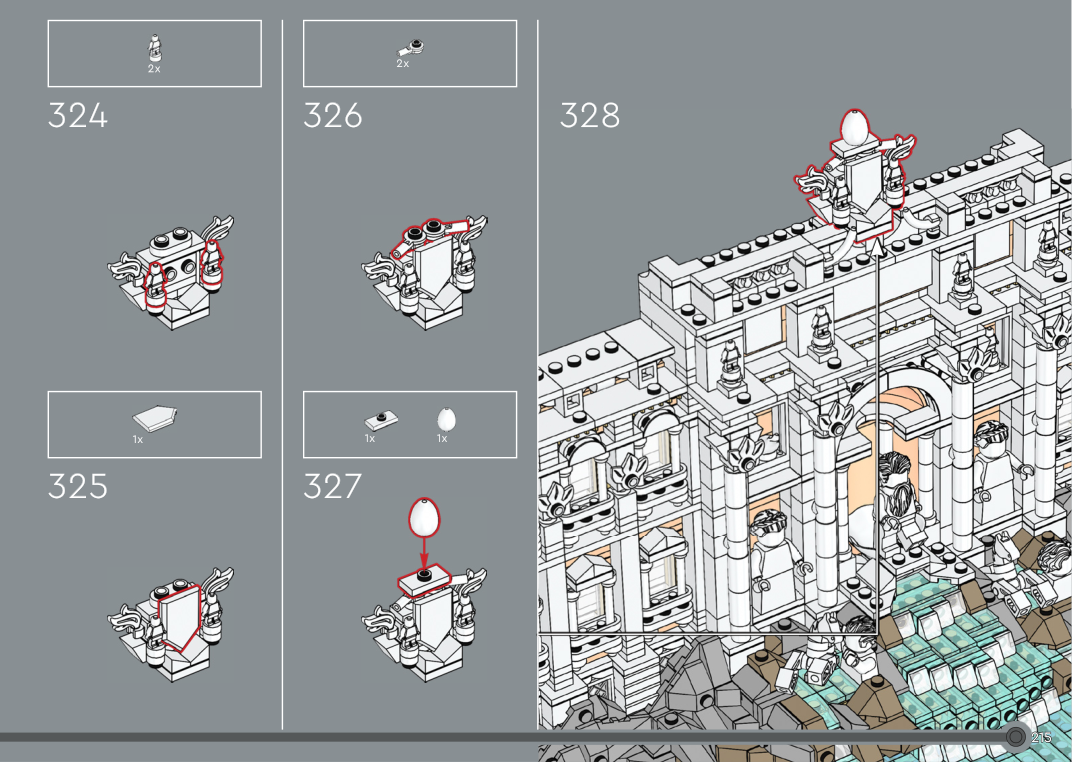 Notice LEGO 6566168 page 215, étapes 324 à 328 : deux petites statuettes, bouclier et élément ovoïde ajoutés à l’ornement blanc, puis pose de l’ensemble au sommet central de la façade.