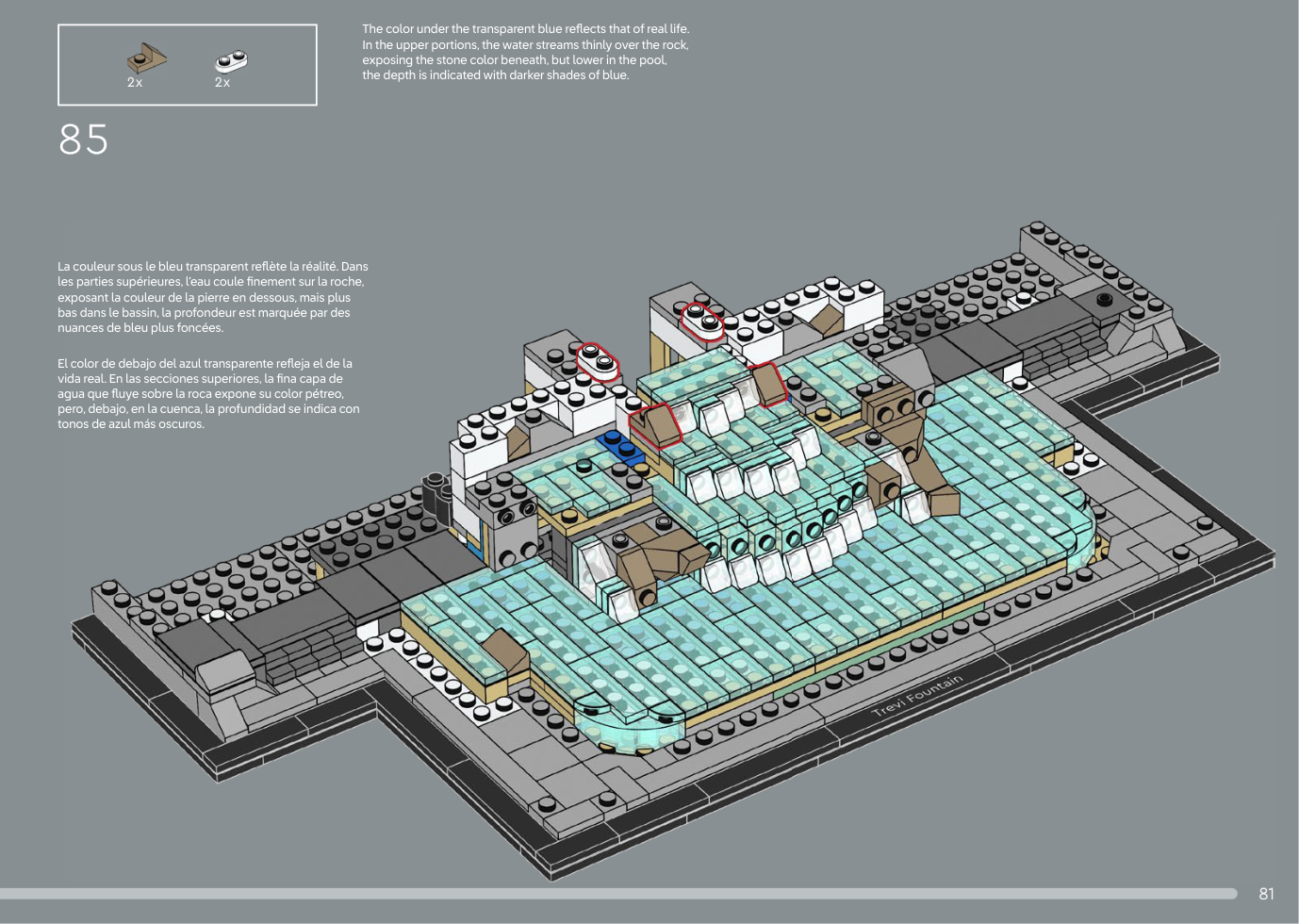 Notice LEGO 6566168 page 81, étape 85 : bassin et cascade transparents déjà en place sur un socle noir, deux éléments en pente et deux plaques blanches arrondies ajoutés au-dessus, avec commentaire sur les couleurs visibles sous l’eau.