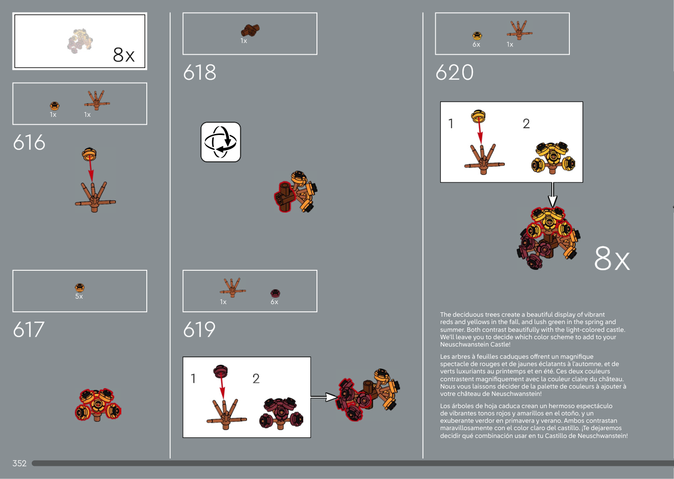Notice LEGO 6592611 page 352, étapes 616 à 620 : montage de branches couvertes de petites fleurs orange, rouge sombre et jaune orangé, répétition huit fois et texte proposant une palette verte ou automnale.
