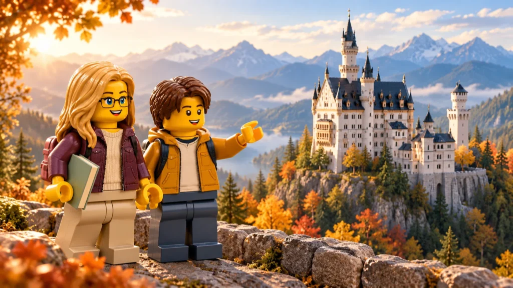 Lors d’une visite imaginaire en montagne, une adulte en prune et crème avec un pantalon couleur pierre porte un sac à dos et tient un livre sauge fermé ; un adolescent en haut ocre à col sombre et pantalon ardoise lève une main en C, avec le château et des arbres d’automne derrière eux.