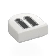 Visuel catalogue d’une petite tuile blanche en demi-cercle imprimée de deux baies sombres, Rebrickable 24246pr0055 White RB 15, élément LEGO 6544473.