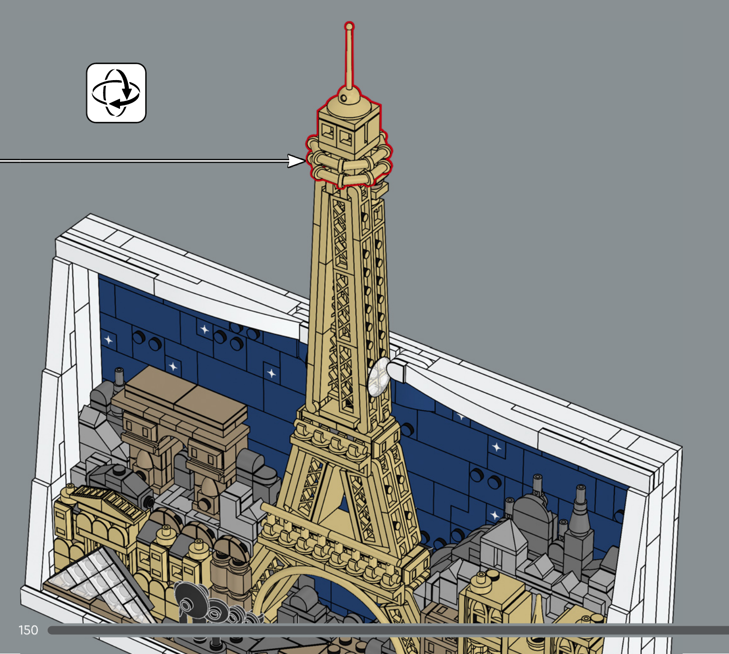 Notice LEGO 6636042 page 150 : sommet beige et épée verticale entourés en rouge au-dessus de la tour Eiffel, avec flèche de pose et symbole de changement d’orientation ; suite finale de l’étape 237, sans nouveau numéro imprimé.