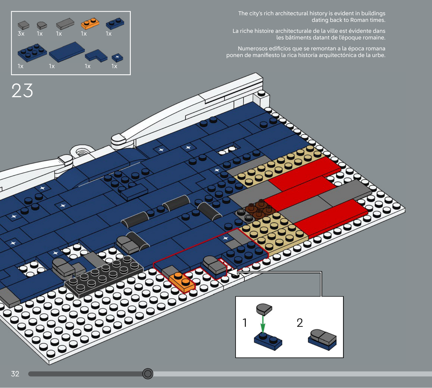 Notice LEGO 6636042 page 32, étape 23 : cadre blanc couché, tuiles bleu nuit et supports de relief, avec une tuile étoilée dans l’encadré des pièces ajoutées et plusieurs étoiles déjà présentes sur le fond.