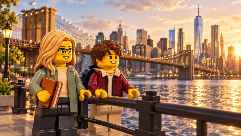Lors d’une visite imaginaire des quais new-yorkais, une adulte en manteau sauge sur un haut ivoire et pantalon anthracite tient un livre rouille fermé ; un adolescent en bordeaux à col crème et pantalon beige, avec un sac à dos bleu marine, pose ses deux mains en C sur la rambarde. Le pont de Brooklyn et les silhouettes de Manhattan apparaissent au-delà de l’eau.