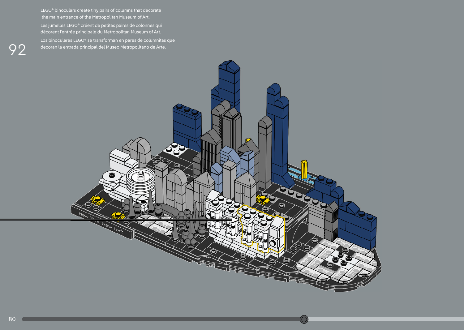 Notice LEGO 6651557 page 80, étape 92 : flèche vers un module blanc de façade du Metropolitan Museum entouré en jaune, avec colonnes formées de jumelles, au premier plan d’immeubles gris et bleus ; commentaire LEGO expliquant les doubles colonnes.