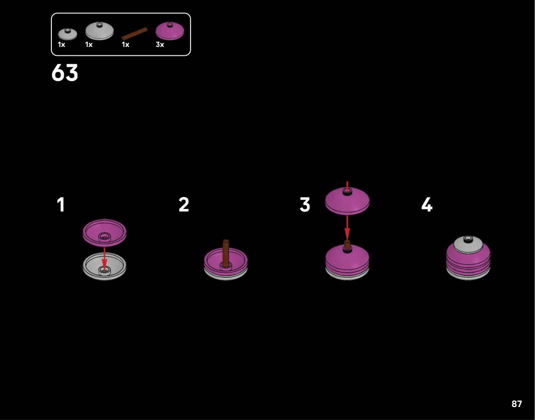 Notice LEGO 6600608 page 87, étape 63 sur fond noir : quatre schémas empilent trois coupelles magenta sur une tige brune entre des coupelles grises ; le volume arrondi est encore séparé de la tour.