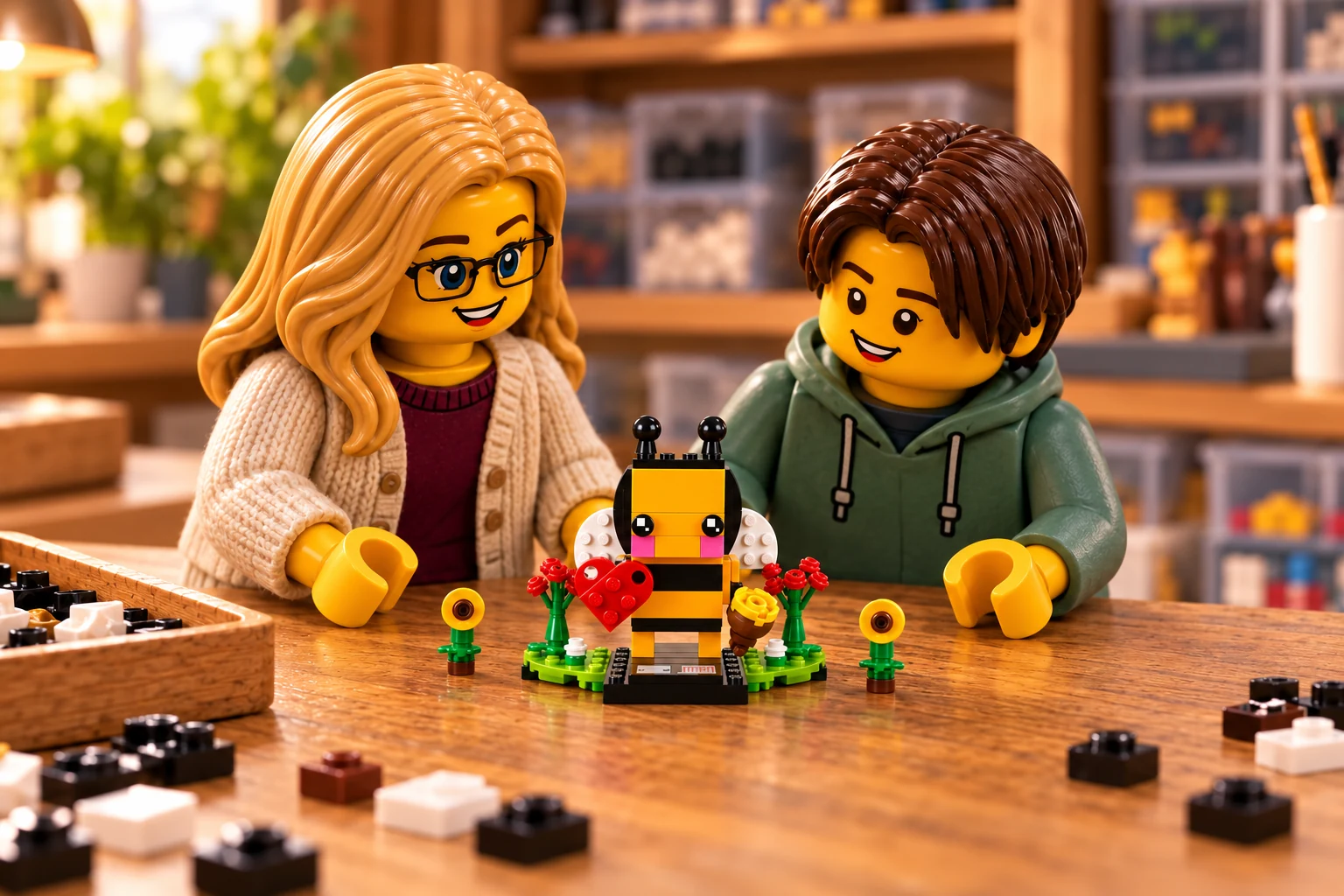 Deux figurines en gilet crème et sweat vert sauge observent un petit modèle d’abeille rayée avec ailes blanches, cœur, pot, fleurs et socle sur une table en bois.