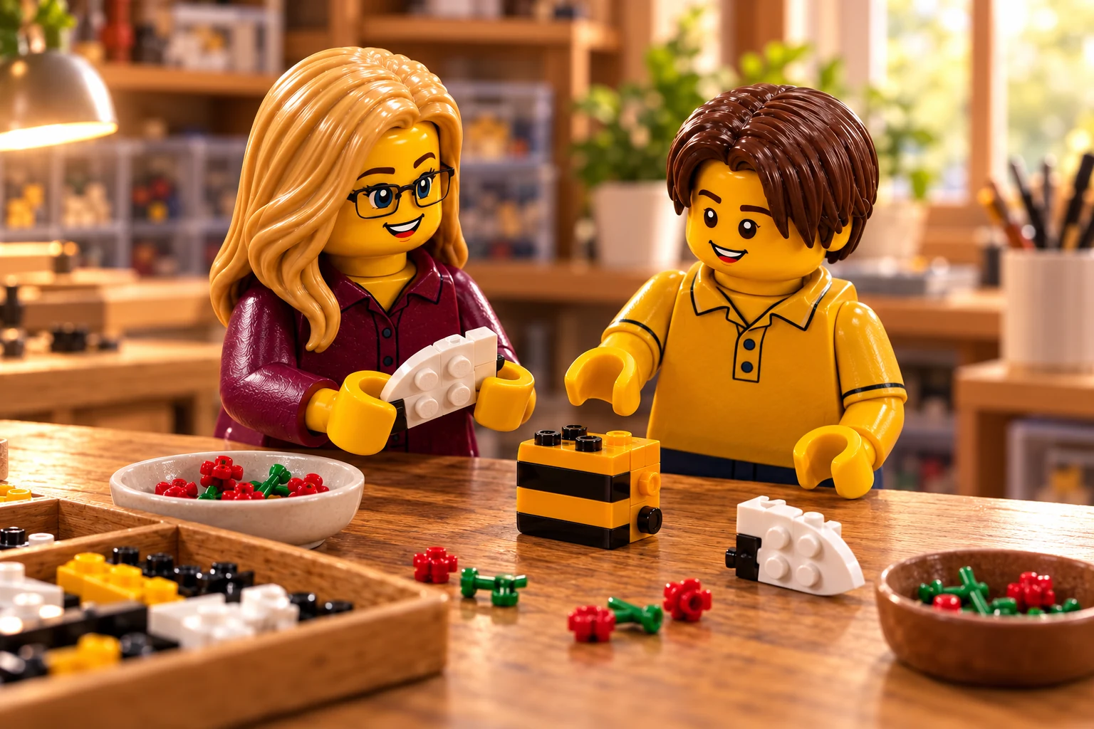 Deux figurines en chemisier bordeaux et polo jaune observent un petit corps orange et noir sans tête ; une aile blanche est tenue et une autre repose parmi les pièces triées.