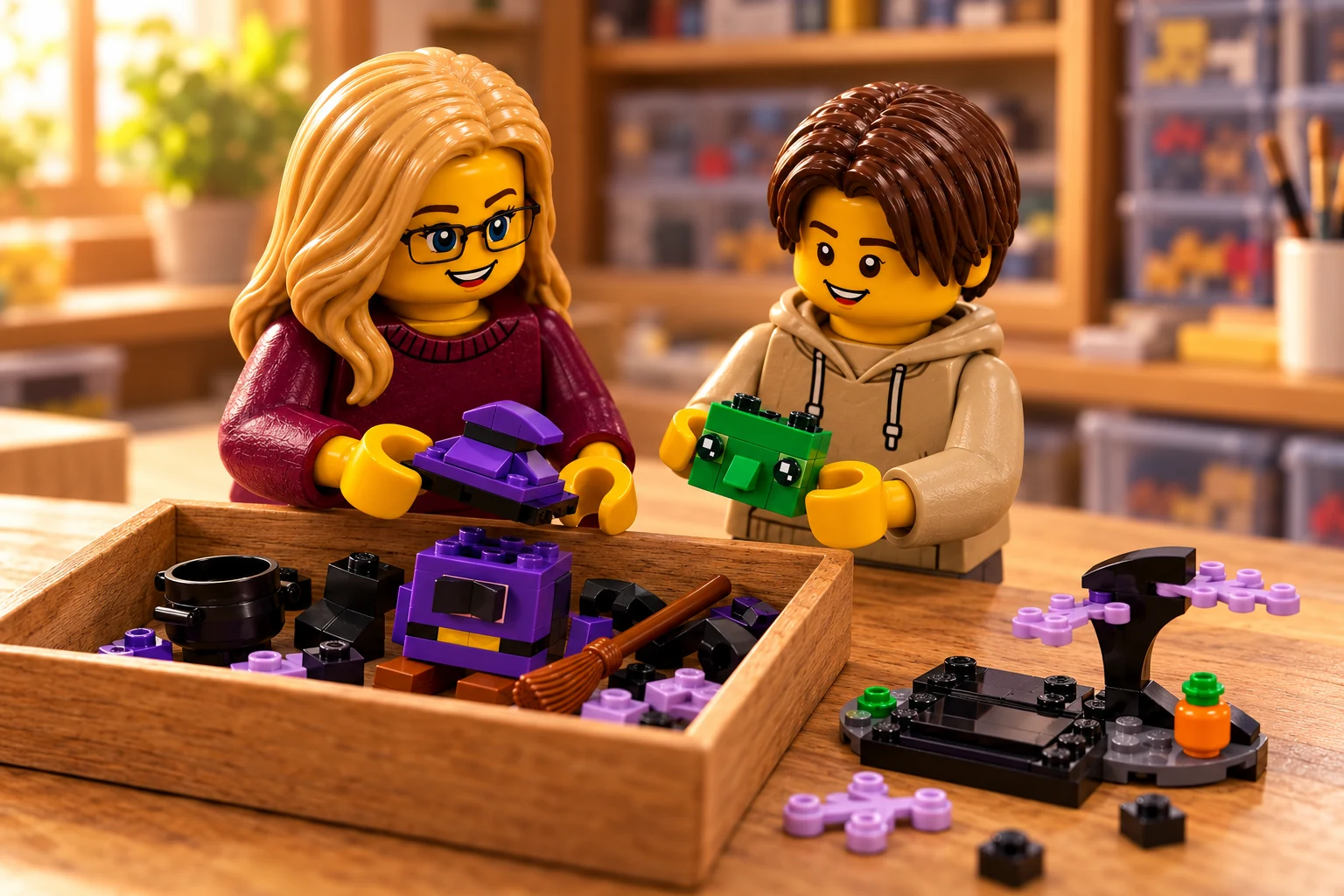 Deux figurines en pull aubergine et sweat beige tiennent un chapeau violet et une face verte séparés, au-dessus d’une caisse de pièces contenant un torse, un balai et un chaudron ; le socle est à côté.