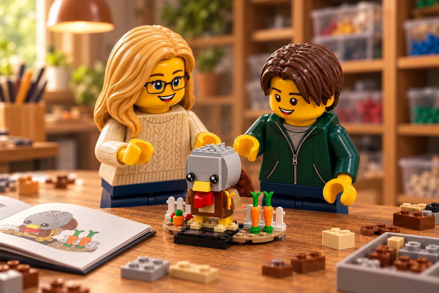 Deux figurines en plastique, une femme blonde à lunettes et un jeune aux cheveux châtain foncé, regardent une petite dinde en briques sur son socle de jardin, près d’un livret ouvert et de bacs de pièces.