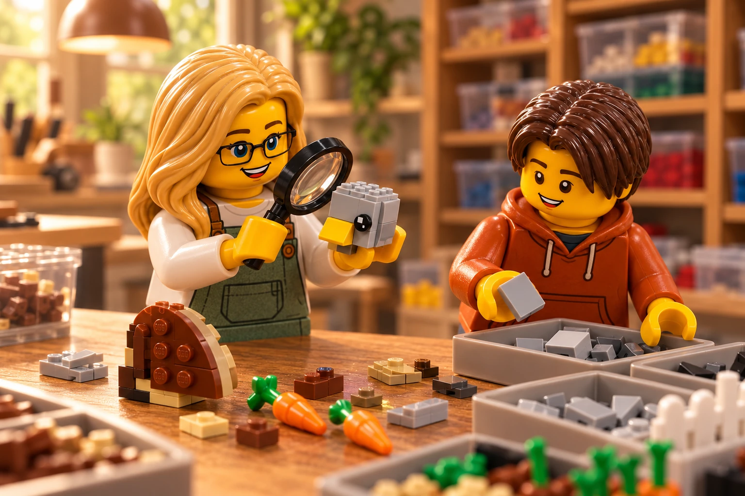 Une figurine blonde à lunettes observe à la loupe un petit module de tête grise avec un bec jaune, tandis qu’une figurine jeune aux cheveux châtain foncé trie des pièces ; la queue et des carottes sont posées séparément.
