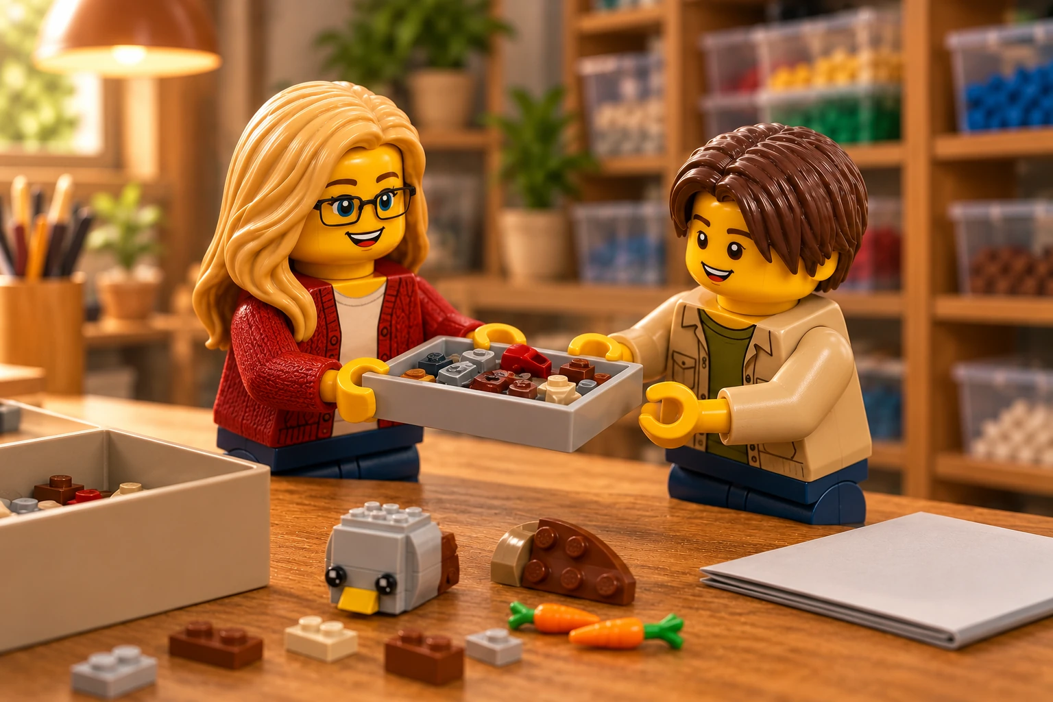 Deux figurines, une femme blonde à lunettes et un jeune aux cheveux châtain foncé, se passent un bac de pièces. Des modules gris et bruns démontés, des carottes et une boîte ouverte attendent sur la table.