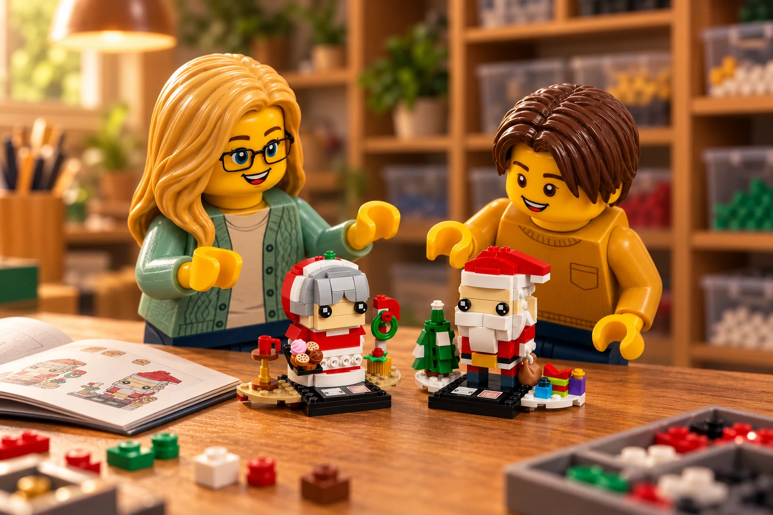 Deux figurines en plastique, une femme blonde à lunettes et un jeune aux cheveux châtain foncé, regardent deux petits personnages de Noël en briques avec leurs décors, près d’un livret ouvert et de bacs de pièces.