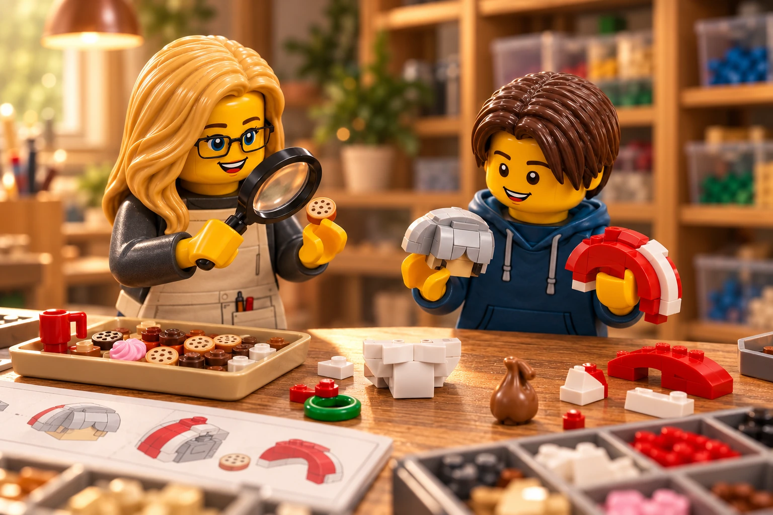 Une figurine blonde à lunettes observe un biscuit à la loupe ; une figurine jeune aux cheveux châtain foncé tient des modules de tête et de coiffure. Un sac, une barbe détachée et des pièces rouges et blanches sont posés sur la table.