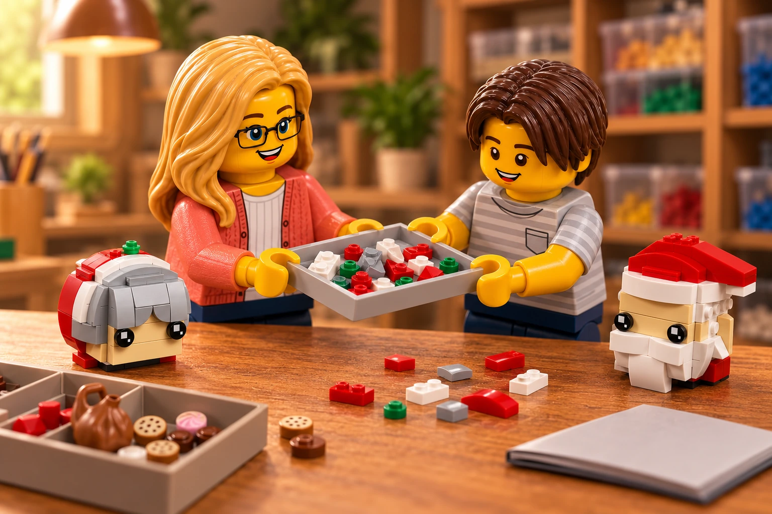 Une figurine blonde à lunettes et une figurine jeune aux cheveux châtain foncé se passent un bac de pièces rouges, blanches et grises. Deux modules de tête démontés, un sac, des biscuits et une boîte ouverte sont visibles sur la table.