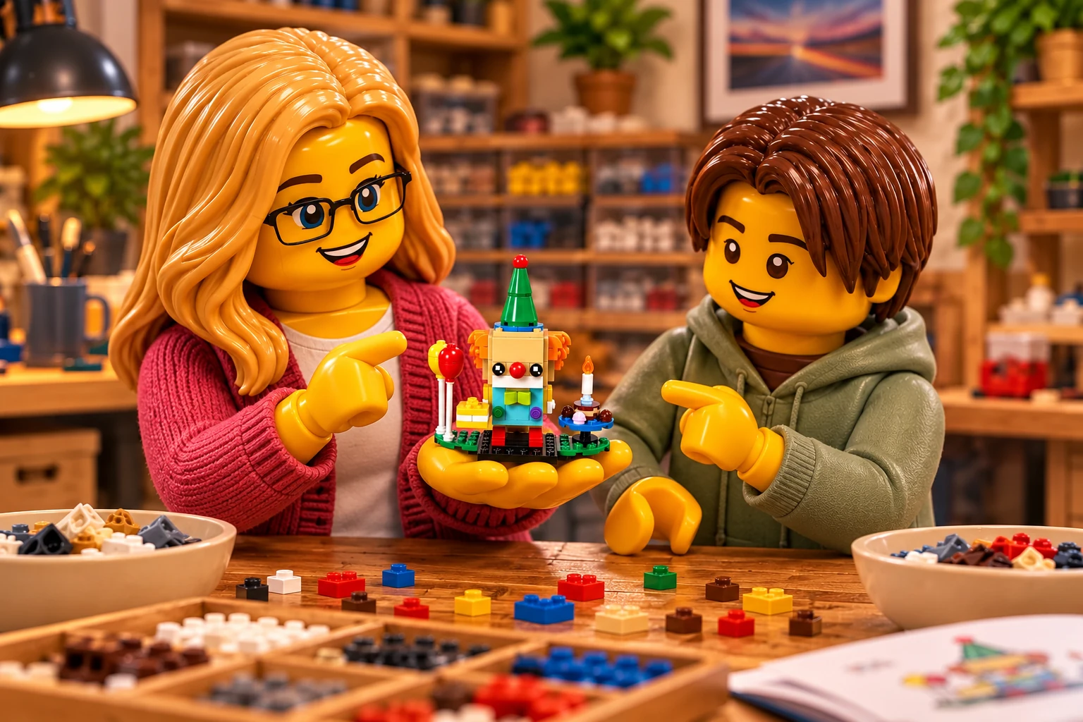 L’adulte blonde à lunettes présente un petit clown d’anniversaire sur un socle décoré de ballons et d’un gâteau tandis que l’adolescent pointe le modèle.