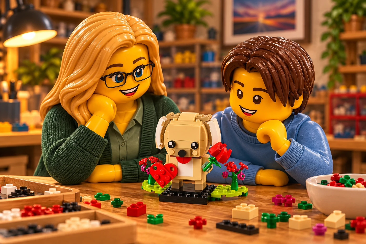 Illustration de contexte : adulte blonde aux yeux bleus avec lunettes noires rectangulaires et adolescent châtain aux yeux marron sans lunettes ; chiot beige complet avec cœur rouge, rose et jardin sur la table.