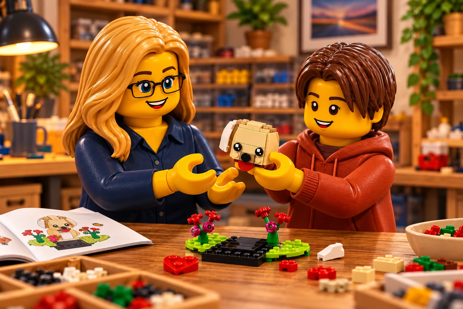 Illustration de contexte : adulte blonde aux yeux bleus avec lunettes noires rectangulaires et adolescent châtain aux yeux marron sans lunettes ; tête du chiot détachée transmise au-dessus du socle fleuri.