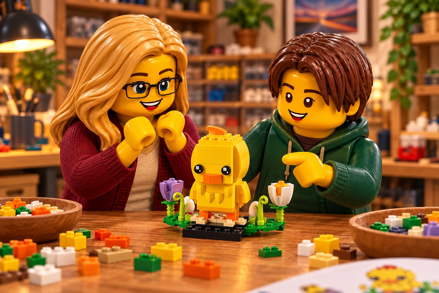 Illustration de contexte : adulte blonde aux yeux bleus avec lunettes noires rectangulaires et adolescent châtain aux yeux marron sans lunettes ; poussin jaune complet avec deux tulipes, œufs et socle sur la table.