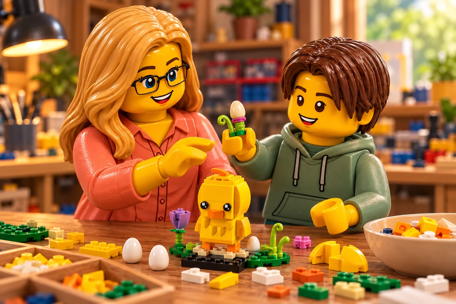 Illustration de contexte : adulte blonde aux yeux bleus avec lunettes noires rectangulaires et adolescent châtain aux yeux marron sans lunettes ; petit végétal avec œuf tenu au-dessus du modèle jaune.