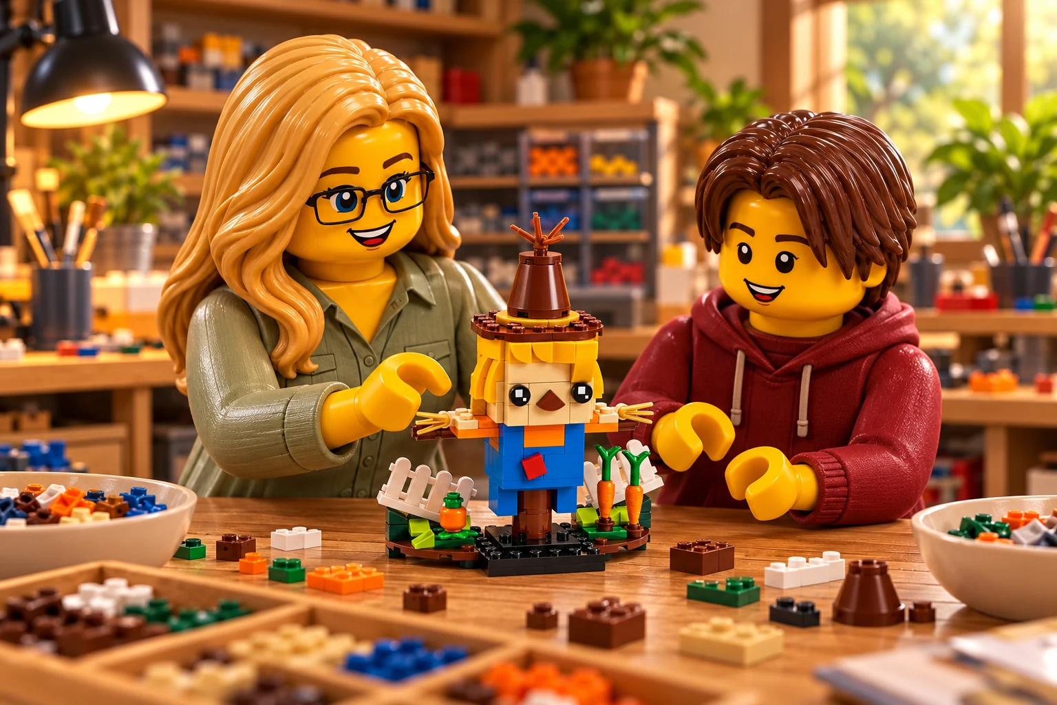 Illustration de contexte : adulte blonde aux yeux bleus avec lunettes noires rectangulaires et adolescent châtain aux yeux marron sans lunettes ; épouvantail complet en salopette bleue, chapeau brun et jardin de carottes.