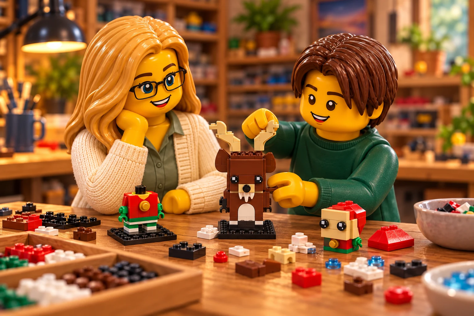 Illustration de contexte : adulte blonde aux yeux bleus avec lunettes noires rectangulaires et adolescent châtain aux yeux marron sans lunettes ; fixation d’un bois beige sur le renne près de deux lutins partiellement construits.
