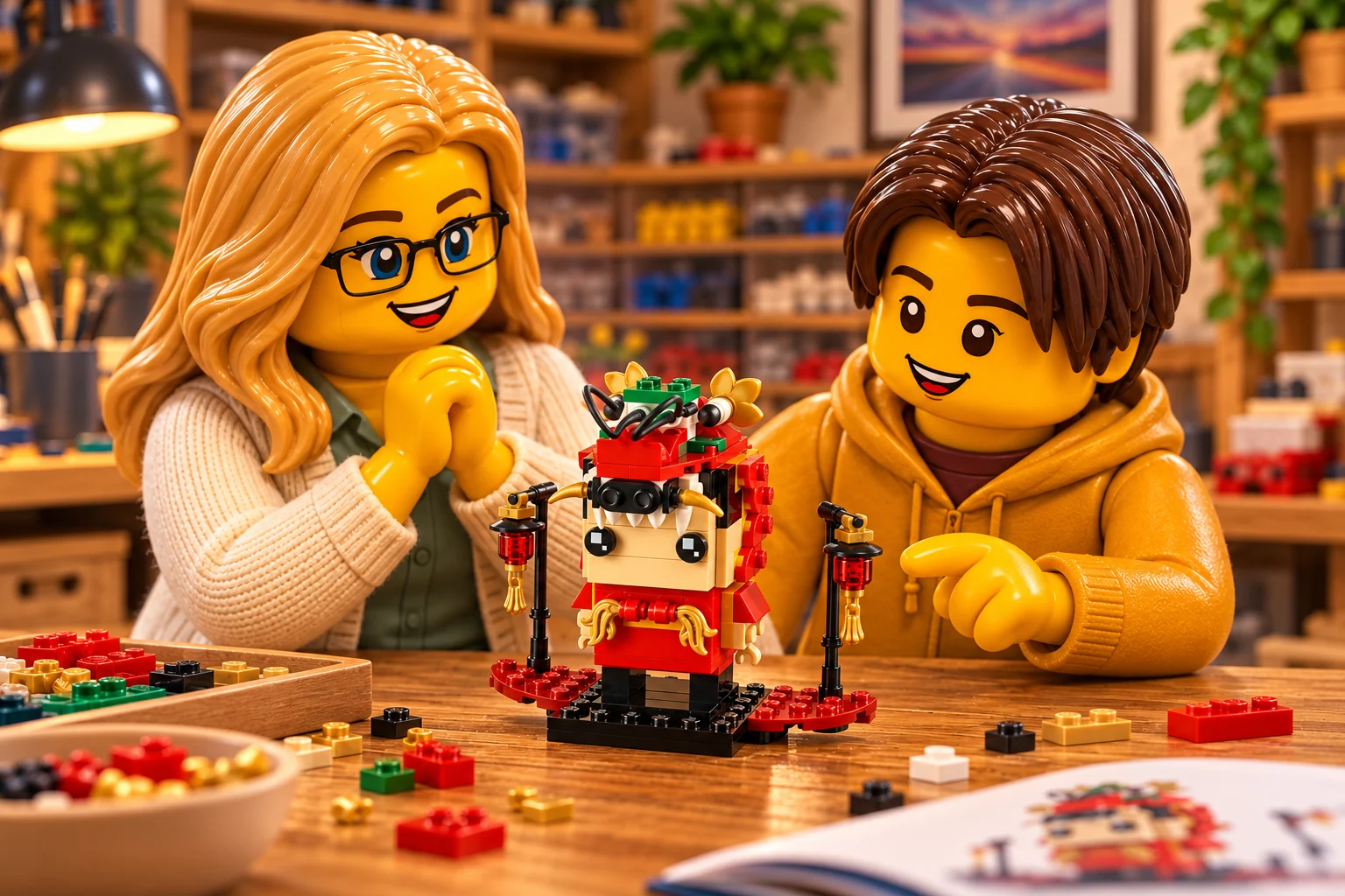 Une adulte blonde à lunettes noires et un adolescent châtain découvrent le petit Danseur dragon terminé, entre ses deux lanternes, sur une table de briques.