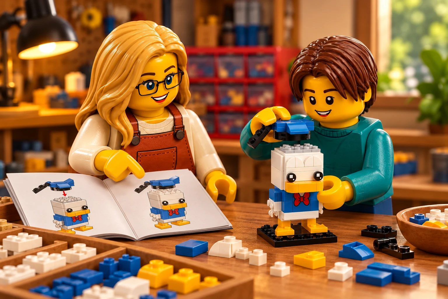 L’adulte en tablier terracotta tient un livret illustré ; l’adolescent en pull bleu-vert approche le béret de la tête encore ouverte du petit Donald.