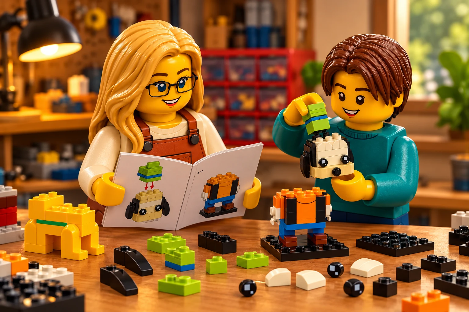 L’adulte en tablier terracotta tient un livret illustré ; l’adolescent en pull bleu-vert approche le chapeau vert d’une petite tête de Dingo détachée. Les corps incomplets restent sur la table.