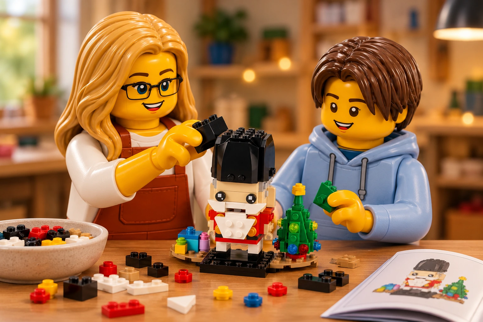 Illustration de contexte : adulte blonde aux yeux bleus avec lunettes et adolescent châtain aux yeux marron sans lunettes, autour du Casse-Noisette, scène de construction.