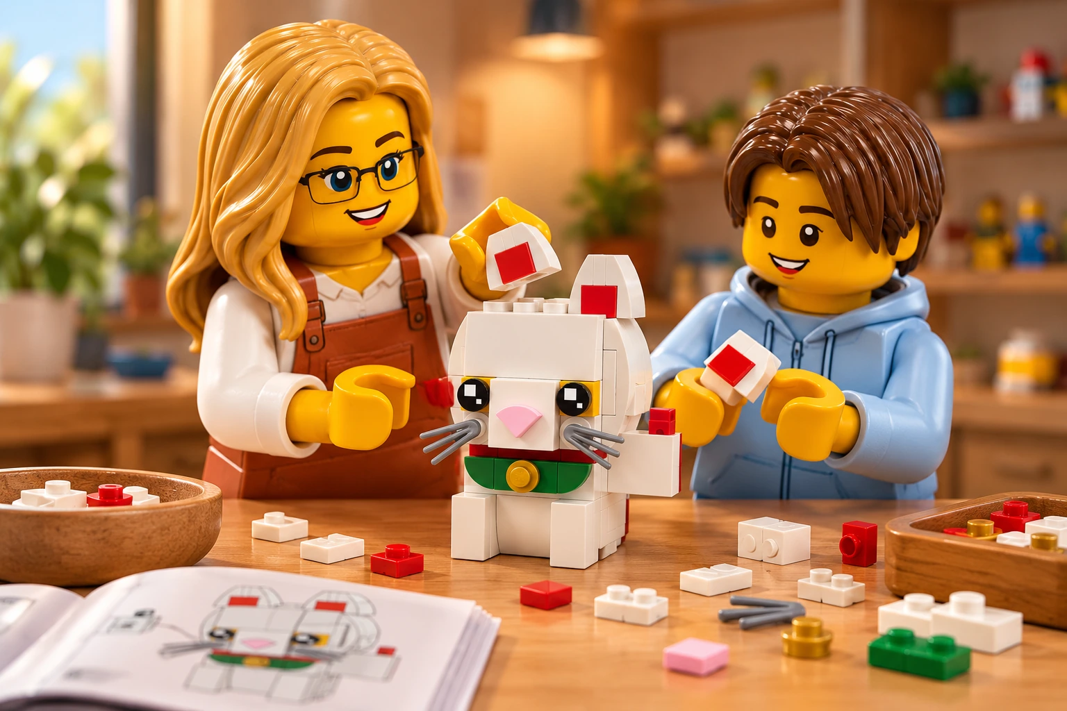 Illustration de contexte : adulte blonde aux yeux bleus avec lunettes et adolescent châtain aux yeux marron sans lunettes, autour du Chat porte-bonheur, scène de construction.