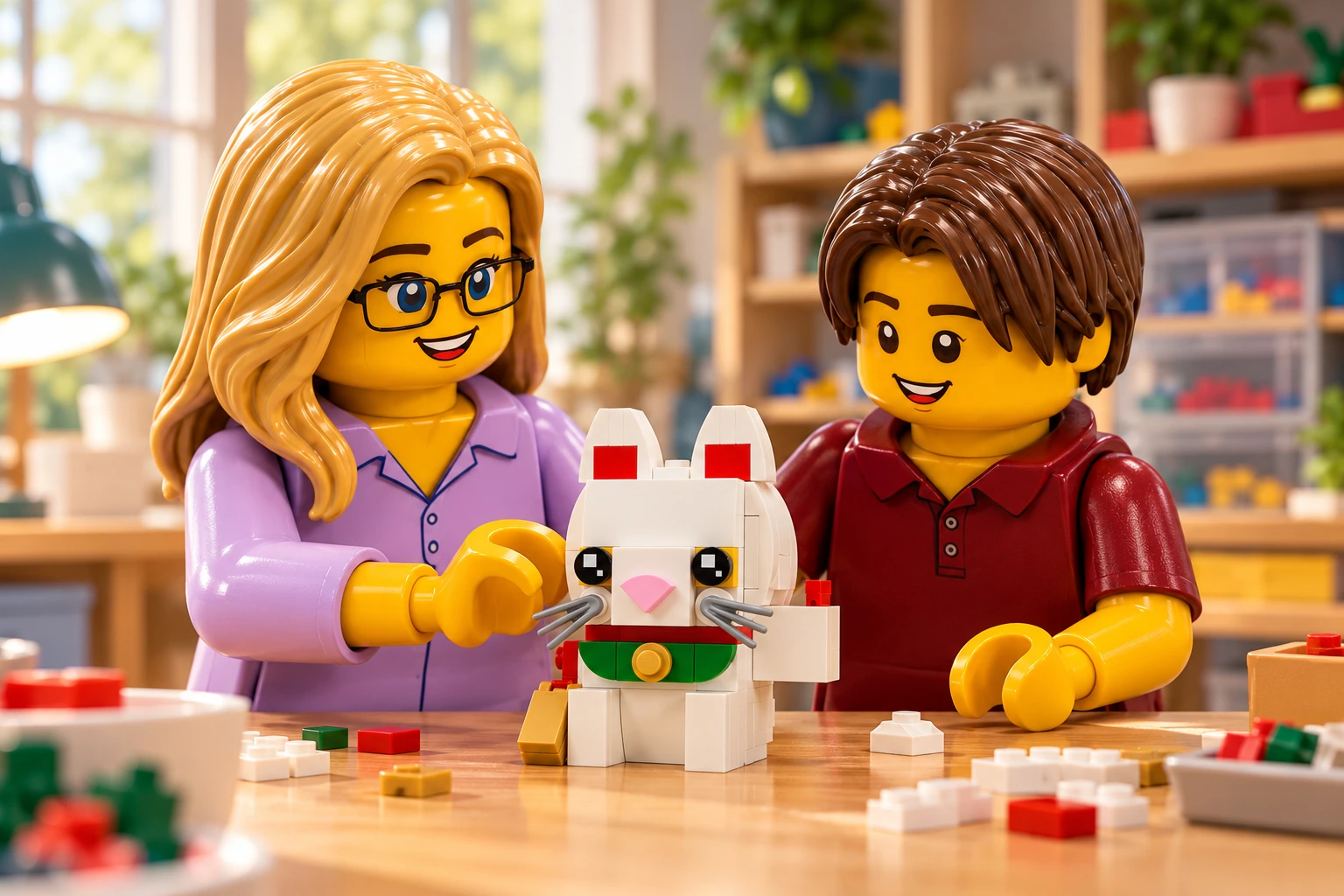 Illustration de contexte : adulte blonde aux yeux bleus avec lunettes et adolescent châtain aux yeux marron sans lunettes, autour du Chat porte-bonheur, scène de decouverte.