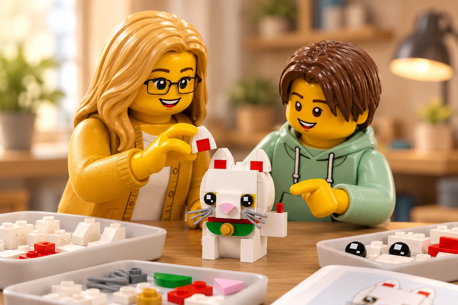 Illustration de contexte : adulte blonde aux yeux bleus avec lunettes et adolescent châtain aux yeux marron sans lunettes, autour du Chat porte-bonheur, scène de observation.