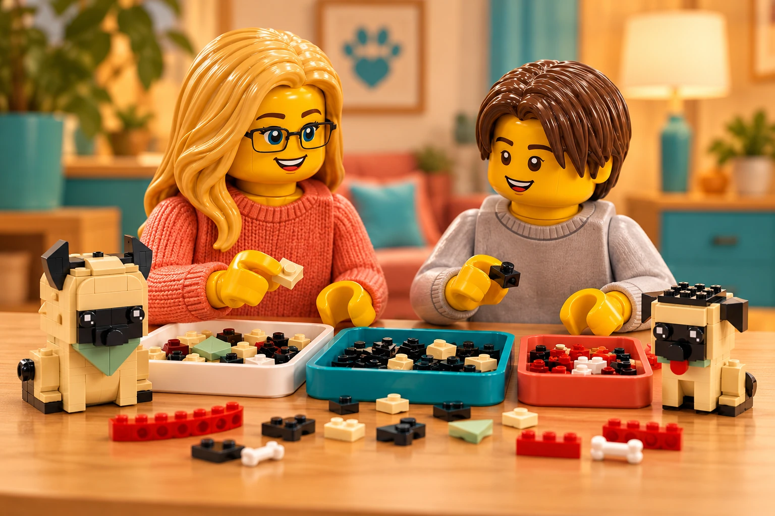Illustration d’atelier : une figurine adulte blonde à lunettes et une figurine adolescente aux cheveux châtain foncé autour de Le berger allemand, scène de construction.