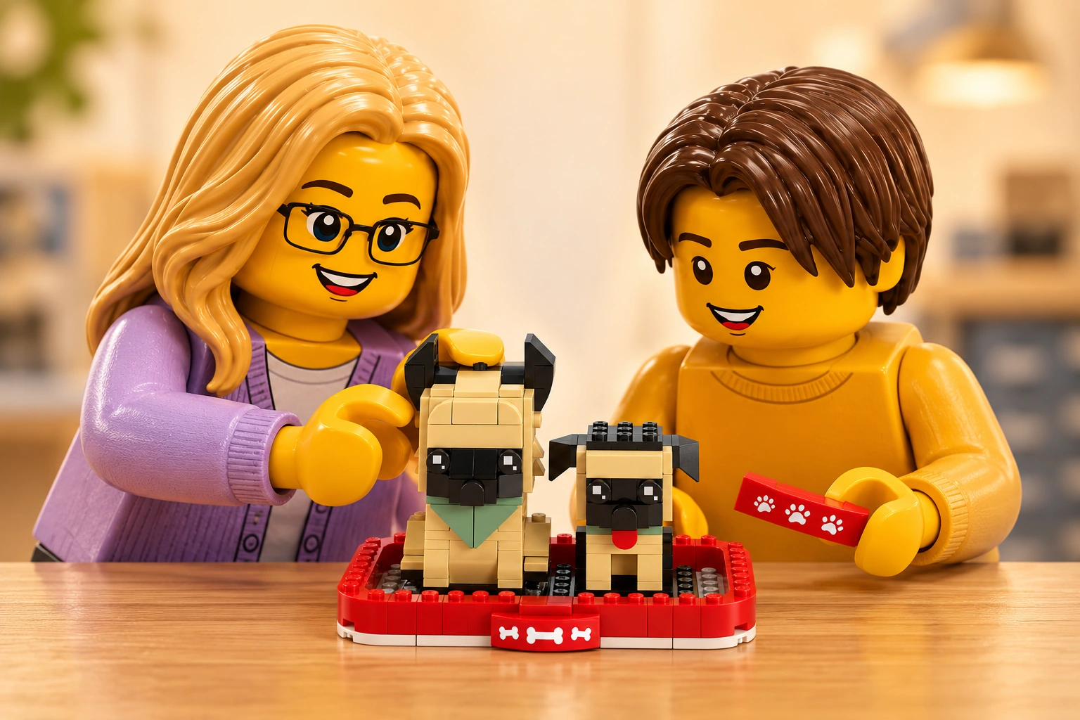 Illustration d’atelier : une figurine adulte blonde à lunettes et une figurine adolescente aux cheveux châtain foncé autour de Le berger allemand, scène de decouverte.