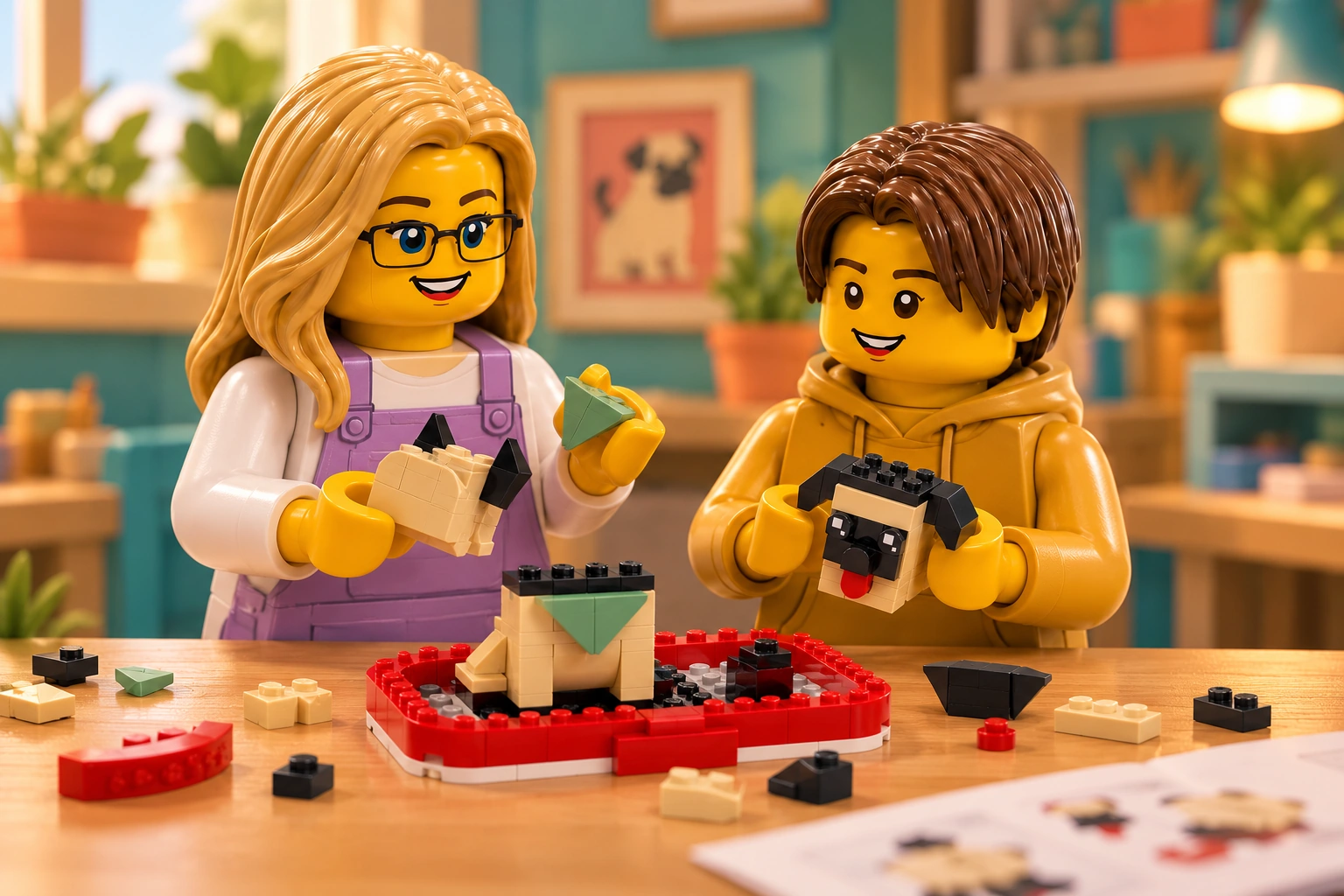 Illustration d’atelier : une figurine adulte blonde à lunettes et une figurine adolescente aux cheveux châtain foncé autour de Le berger allemand, scène de observation.