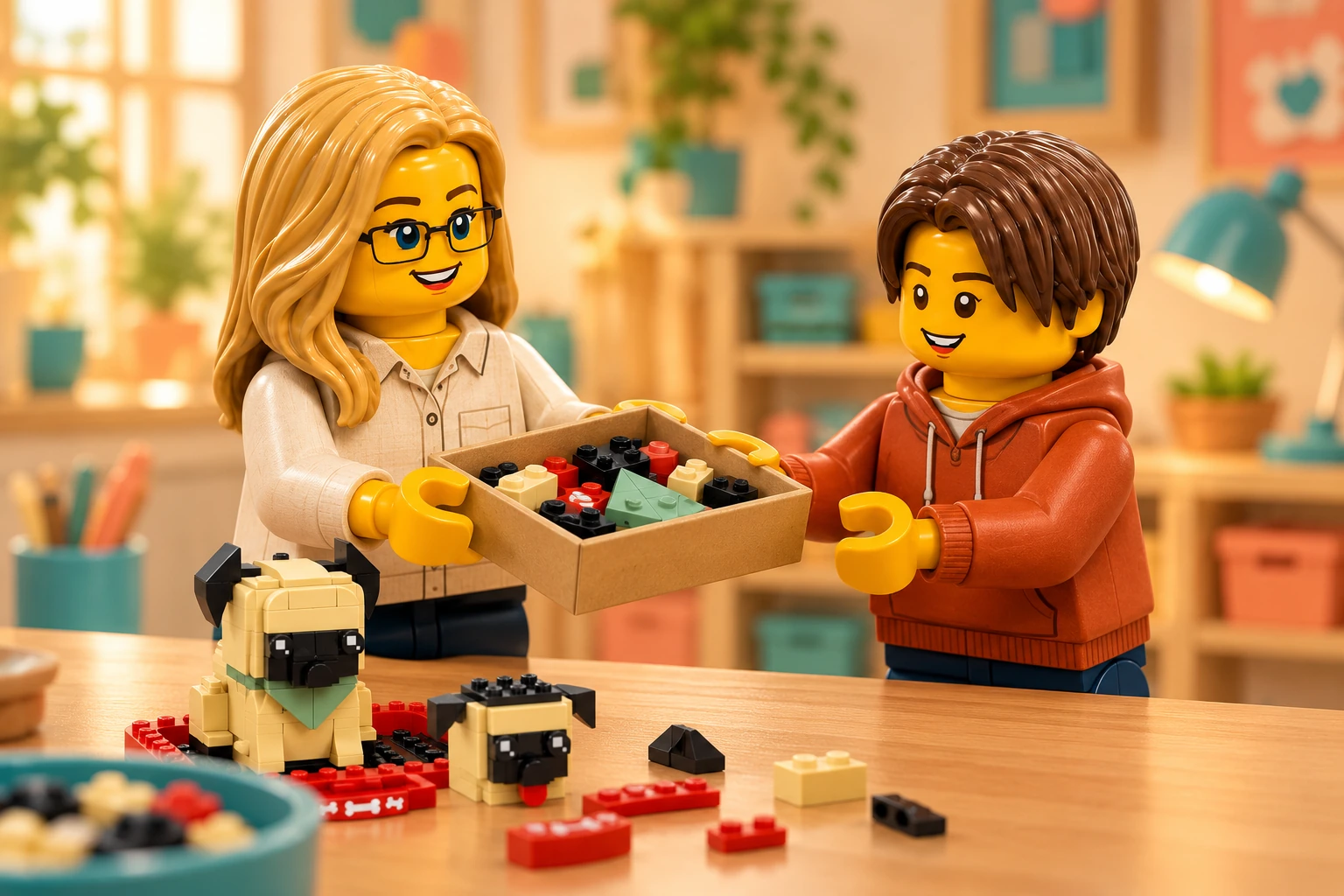 Illustration d’atelier : une figurine adulte blonde à lunettes et une figurine adolescente aux cheveux châtain foncé autour de Le berger allemand, scène de transmission.