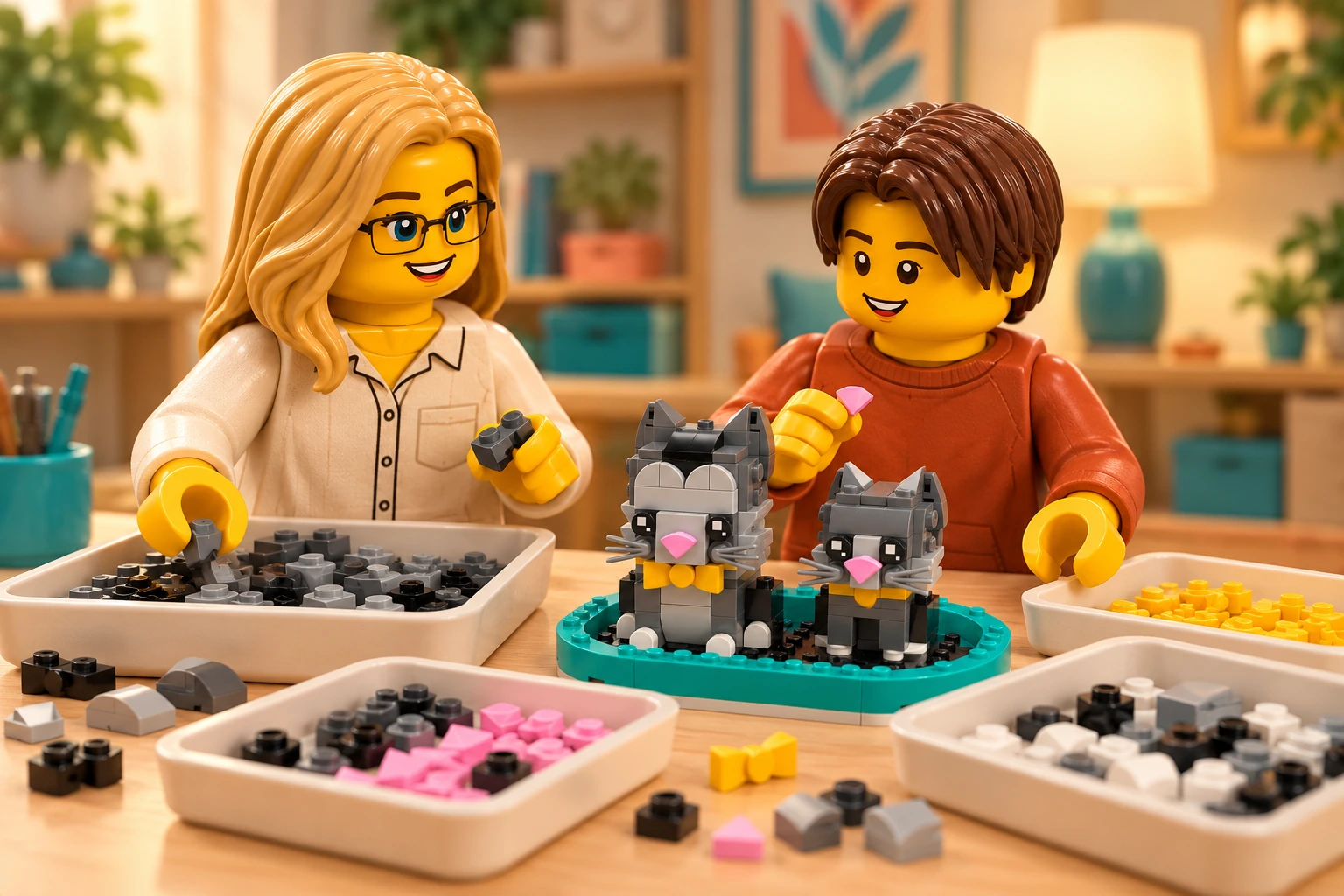 Illustration d’atelier : une figurine adulte blonde à lunettes et une figurine adolescente aux cheveux châtain foncé autour de Les chats à poil court, scène de construction.