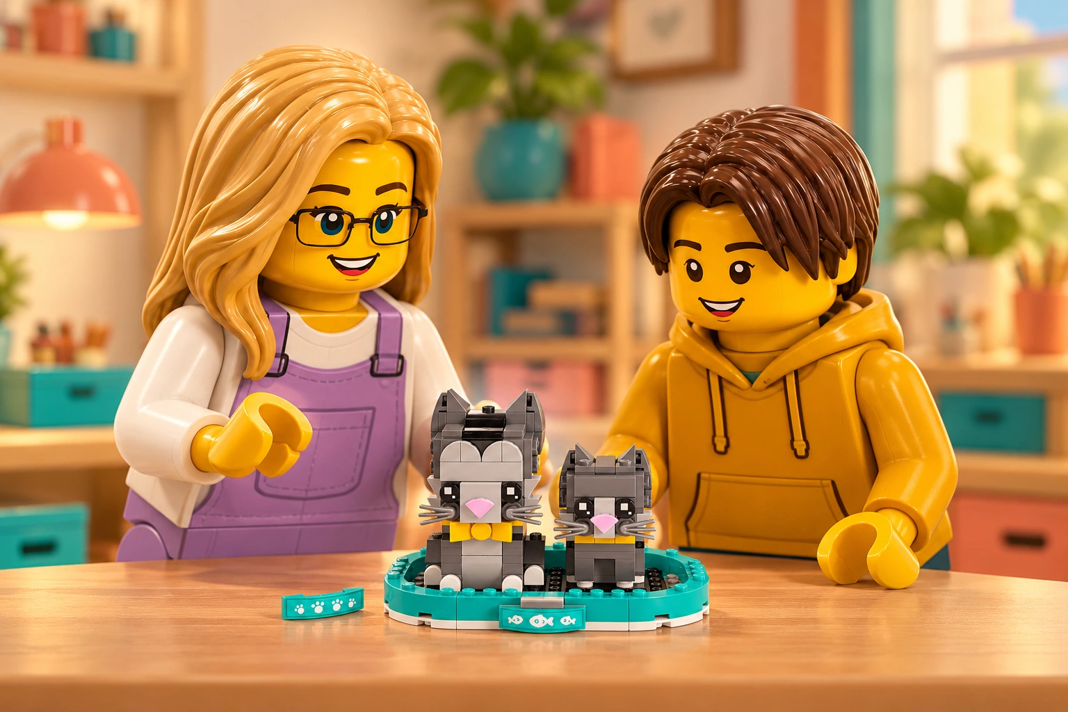 Illustration d’atelier : une figurine adulte blonde à lunettes et une figurine adolescente aux cheveux châtain foncé autour de Les chats à poil court, scène de decouverte.