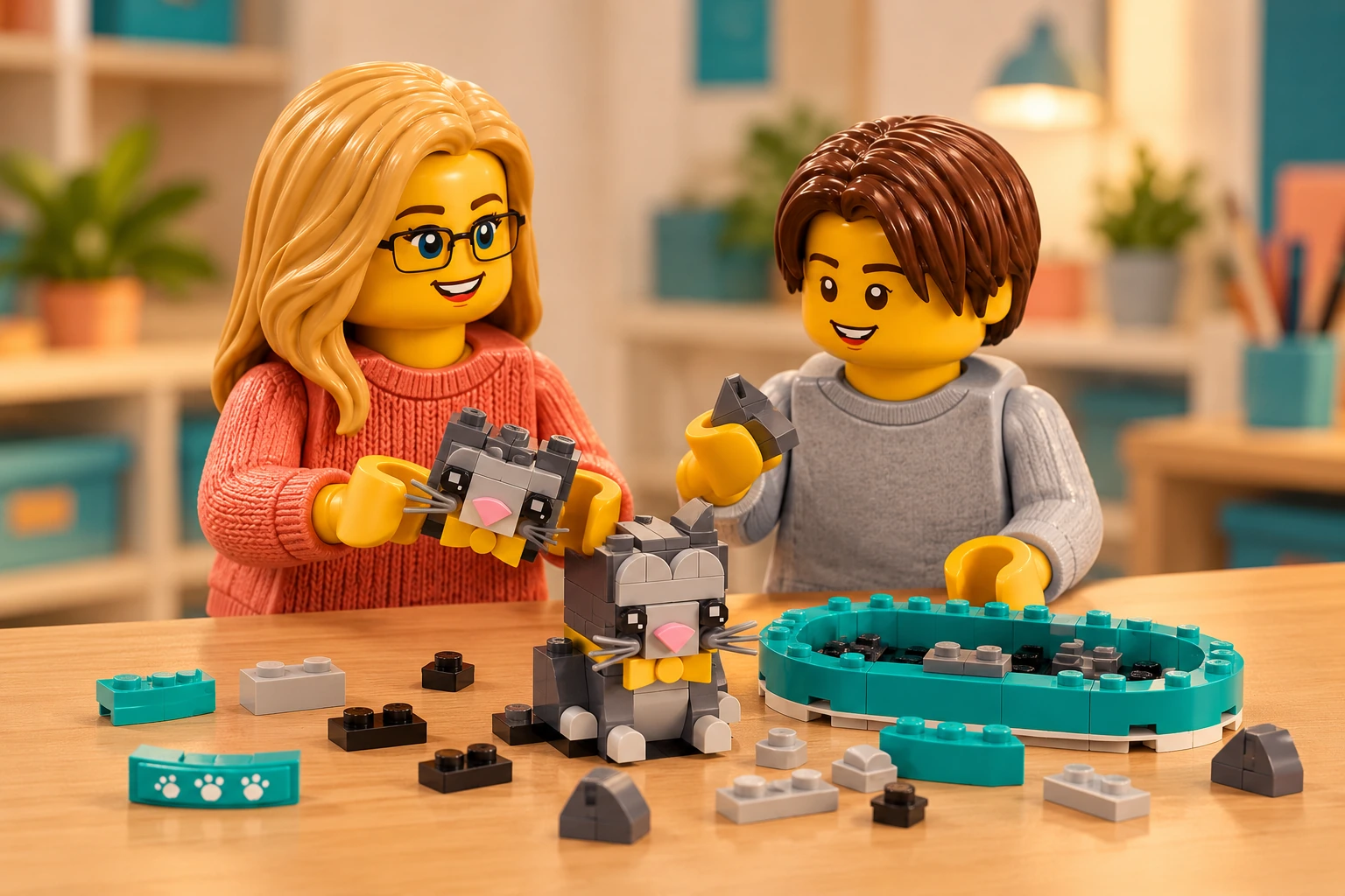 Illustration d’atelier : une figurine adulte blonde à lunettes et une figurine adolescente aux cheveux châtain foncé autour de Les chats à poil court, scène de observation.