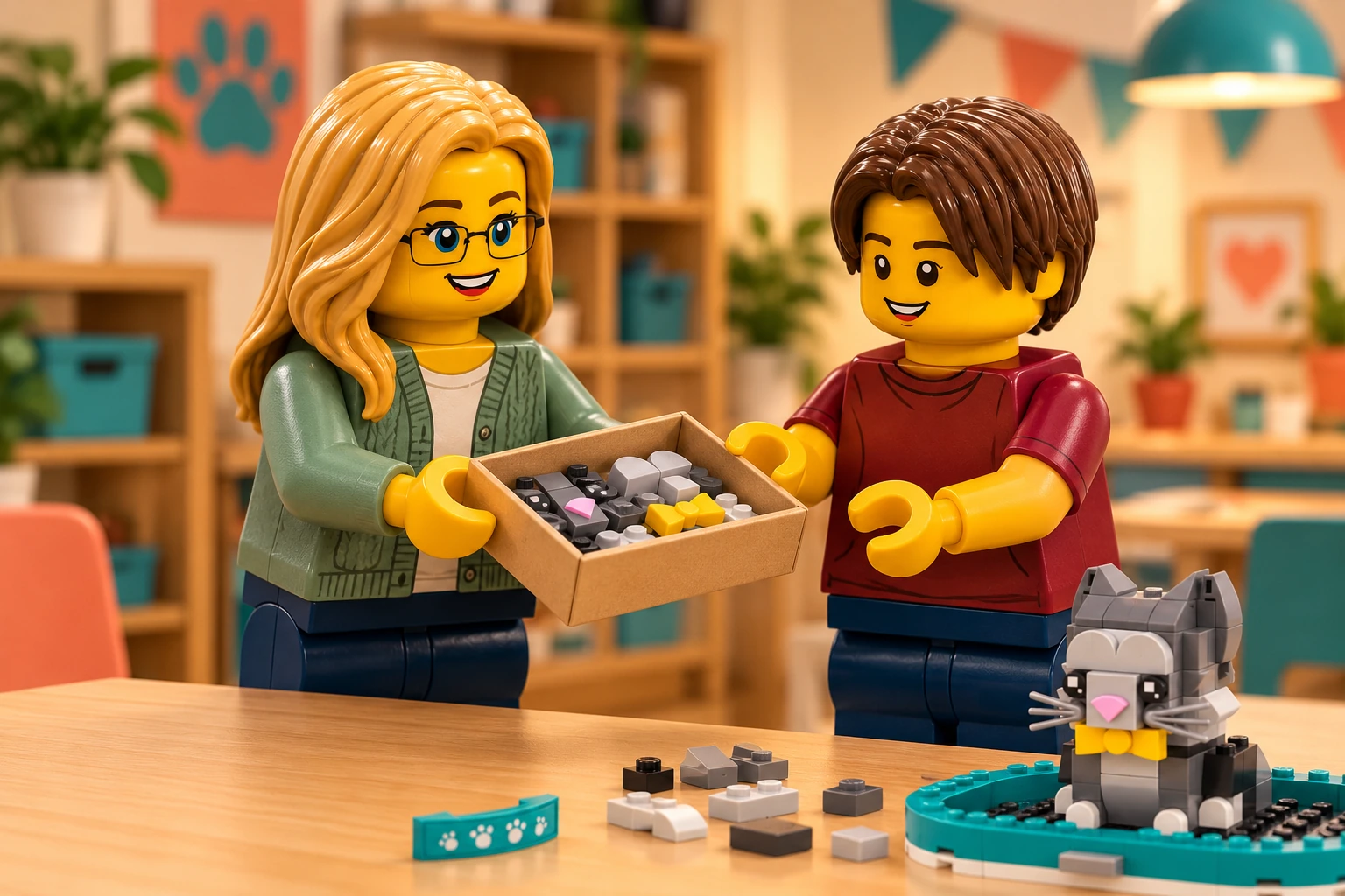 Illustration d’atelier : une figurine adulte blonde à lunettes et une figurine adolescente aux cheveux châtain foncé autour de Les chats à poil court, scène de transmission.