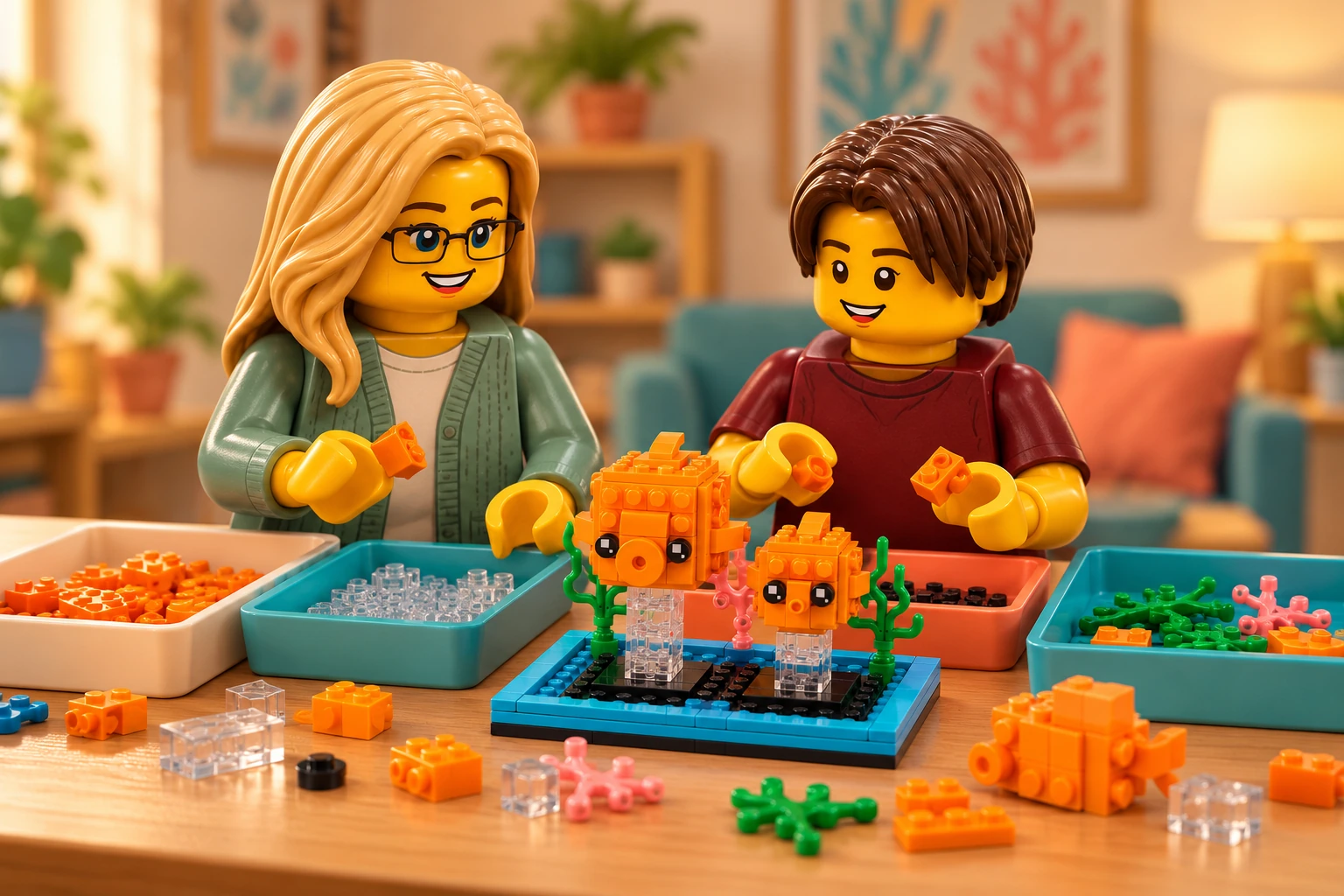 Illustration d’atelier : une figurine adulte blonde à lunettes et une figurine adolescente aux cheveux châtain foncé autour de Le poisson rouge, scène de construction.