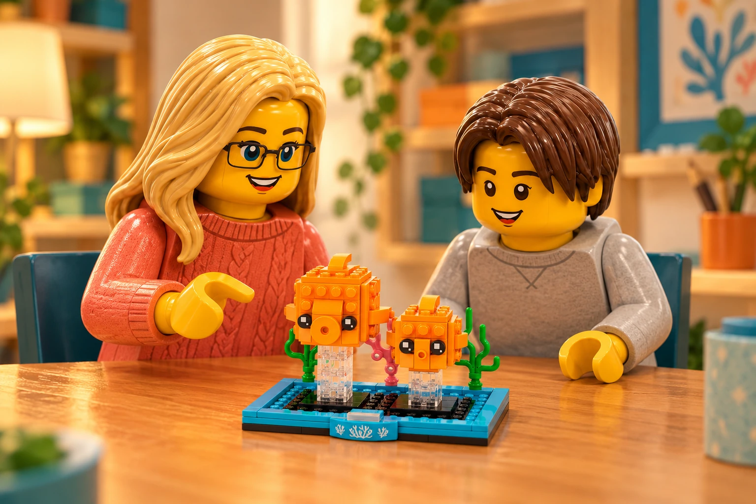 Illustration d’atelier : une figurine adulte blonde à lunettes et une figurine adolescente aux cheveux châtain foncé autour de Le poisson rouge, scène de decouverte.