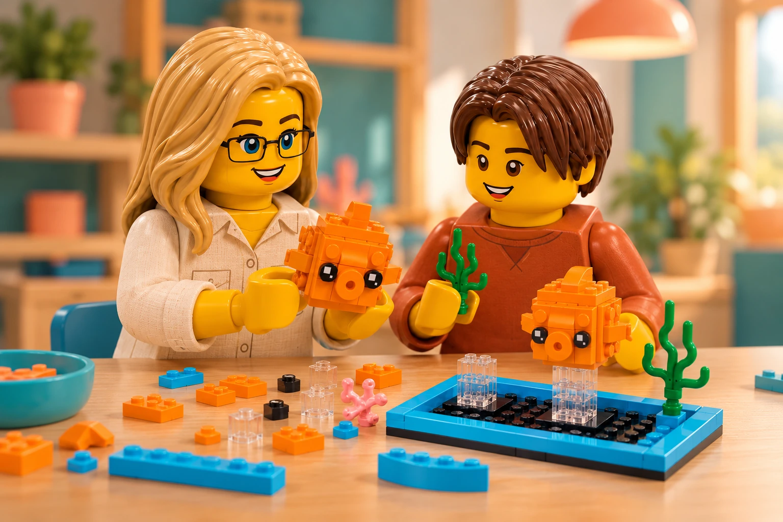 Illustration d’atelier : une figurine adulte blonde à lunettes et une figurine adolescente aux cheveux châtain foncé autour de Le poisson rouge, scène de observation.